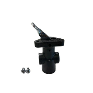 Black plastic fuel petcock valve for motorcycle with metal lever and two mounting screws