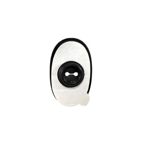 Vacuum cleaner dust bag with black plastic collar and white filter on white background