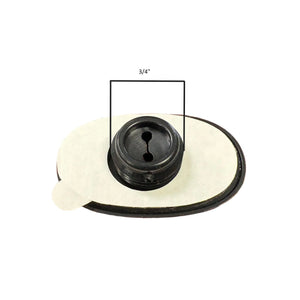 Black plastic 3/4 inch valve with adhesive oval gasket on white background
