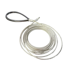 Stainless steel wire rope cable with thimble loop end, coiled on white background