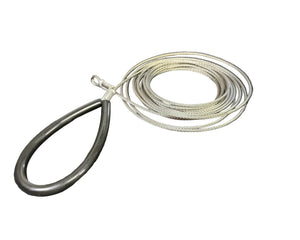 Coiled steel cable with protective loop end on a white background