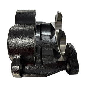 Black cast iron automotive bracket with machined edges, close-up on white background