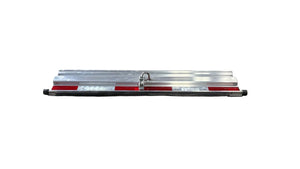Aluminum trailer step with red reflectors and metal hook on white background