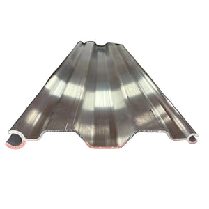 Corrugated aluminum roofing sheet with reflective metallic finish on white background