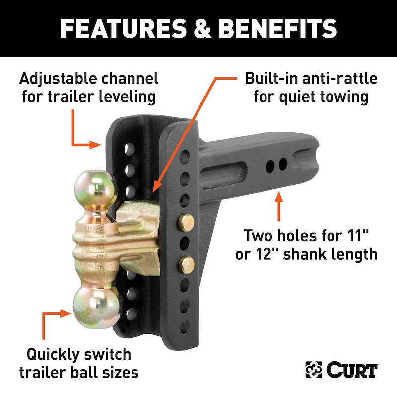 CURT Adjustable Channel-Style Ball Mount – 2-1/2″ Receiver, Dual Ball, 20,000 lb Capacity 45902