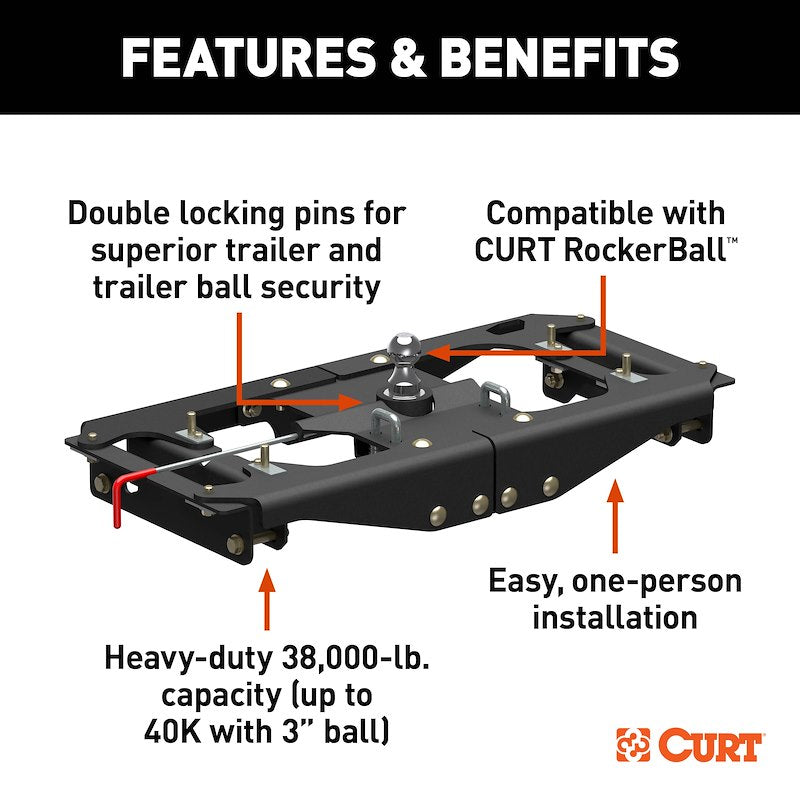 CURT 60703 PowerRide Under-Bed Gooseneck Trailer Hitch | Direct-Fit | Up to 40,000 LB Towing Capacity
