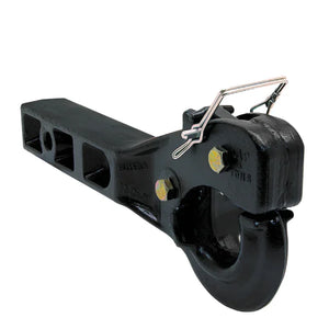 Heavy-duty pintle hitch with black finish and secure latch for towing trucks or trailers