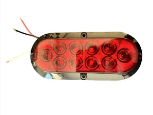 Oval red LED trailer tail light with chrome bezel and three exposed wiring leads