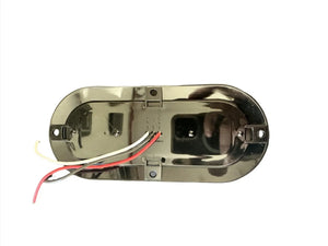 Oval chrome trailer light base with exposed red, white, and black wires on white background