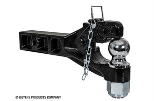 Heavy-duty black trailer hitch with chrome tow ball and safety chain, isolated on white