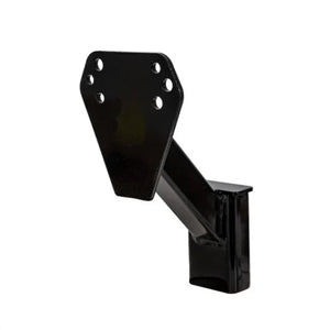 Black metal hitch receiver mount bracket with multiple bolt holes on white background