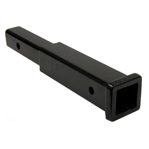 Black steel trailer hitch receiver tube with square end and mounting holes on white background