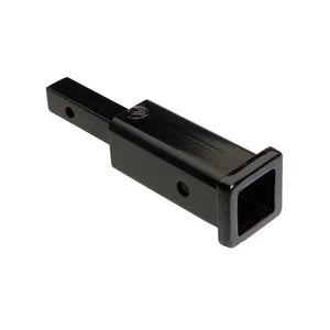 Black steel trailer hitch receiver adapter with pin holes on white background