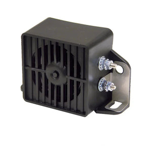 Black backup alarm with mounting bracket and screws for vehicles or machinery