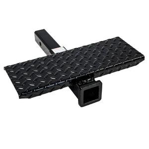 Black steel trailer hitch step with diamond plate pattern, heavy duty truck accessory