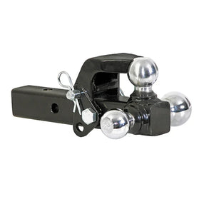 Heavy-duty tri-ball hitch mount with chrome balls and black steel body, trailer towing equipment