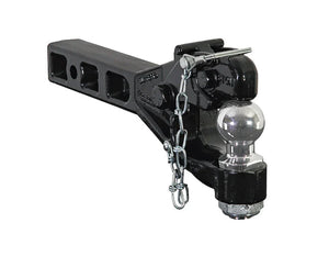 Heavy-duty trailer hitch with chrome tow ball and safety chain on white background
