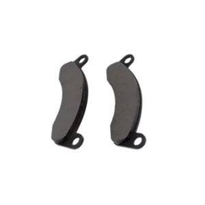 Pair of black curved brake pads with mounting holes on white background