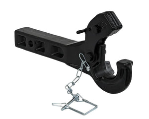 Heavy-duty pintle hitch with safety latch and mounting holes on a white background