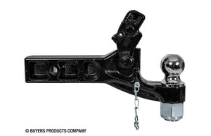 Adjustable black trailer hitch ball mount with latch and chain on white background
