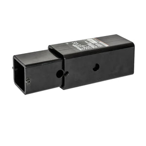 Black steel hitch receiver adapter sleeve with label and mounting holes