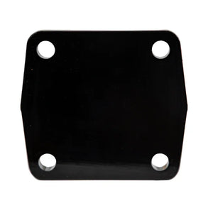 Black metal neck plate with four screw holes, isolated on white background