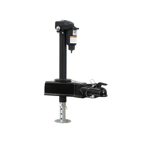 Electric trailer tongue jack with coupler and black mounting bracket, isolated on white