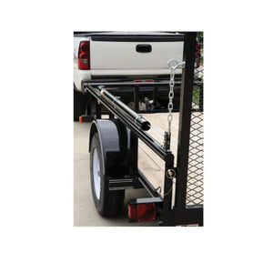 Utility trailer hitched to white pickup truck with black mesh ramp and side rail pipe holder