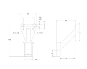 Technical drawing of a metal bracket with detailed dimensions and bolt hole measurements.