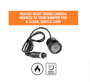 Heated night vision bumper camera with cord, night vision and heated icons, on white background