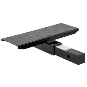 Black steel hitch step with diamond plate pattern, trailer accessory on white background