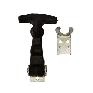 Heavy-duty black gate latch and metal mounting bracket on white background