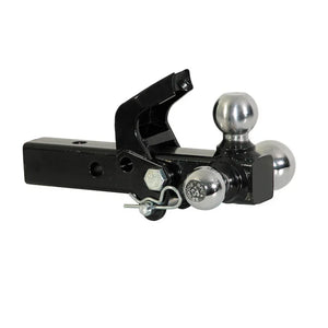 Heavy duty black and chrome trailer hitch with three tow balls and safety pin