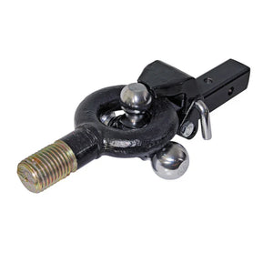 Heavy-duty trailer hitch with tow hook and dual chrome hitch balls on white background