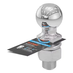 Chrome CURT trailer ball with label, reflective finish, hex nut and threaded shank