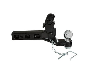 Heavy duty black tow hitch with trailer ball and safety pin on white background