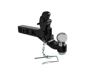 Heavy-duty adjustable trailer hitch with ball mount and safety pin on white background
