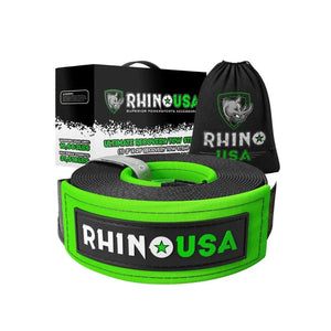 Rhino USA green recovery tow strap with branded box and storage bag