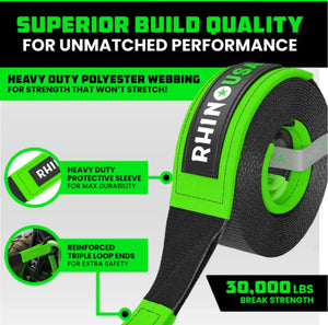 Rhino USA heavy duty polyester tow strap with green protective sleeve, 30,000 lbs strength