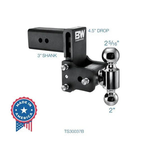 B&W adjustable trailer hitch with 3 inch shank, 4.5 inch drop, dual ball mount, Made in America badge