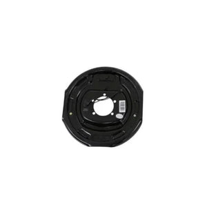 Black automotive brake backing plate with springs, isolated on white background