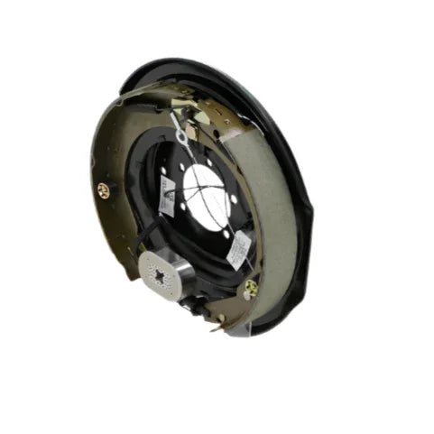 Electric trailer brake assembly with wires and metal backing on white background