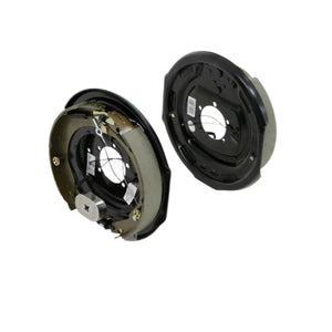 Electric trailer brake assemblies with drum, side view on white background