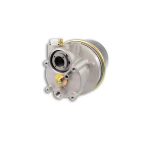 Silver automotive air conditioning compressor with bolts on white background