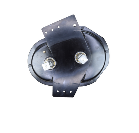 A 2-speed gear box for a Wilson hopper door, shown from the back on a white background. The product is black with two white plastic components and a central metal bracket.