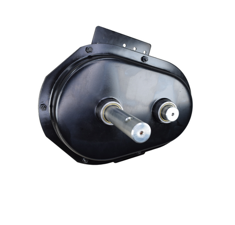 A heavy-duty black metal 2-speed gear box for a Wilson Hopper door, shown on a white background with product number 743083 and small thumbnail previews below.