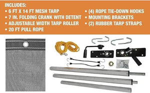 6x14 ft mesh tarp kit with folding crank, tarp roller, rope, hooks, mounting brackets, straps