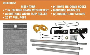 Mesh tarp kit with metal poles, ropes, hooks, brackets, and straps for truck cover installation.