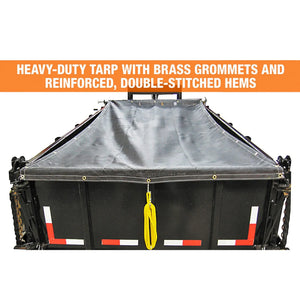 Heavy-duty tarp with brass grommets on reinforced truck bed, double-stitched hems visible