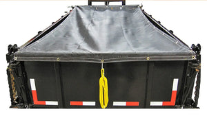 Dump truck bed with black tarp cover and reflective safety markings
